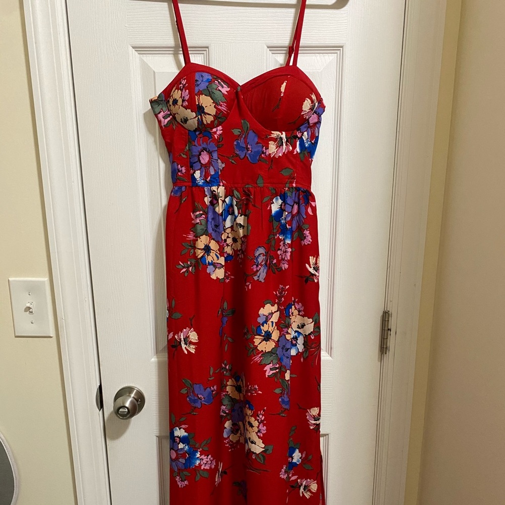 Red Floral Maxi Dress with Pockets